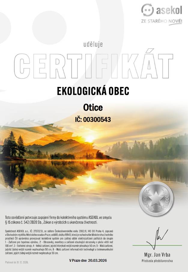 Stříbrný certifikát Ekologická obec jako ocenění odpovědné role v oblasti sběru a recyklace vysloužilých elektrozařízení. Tento úspěch dokládá dlouhodobou snahu podporovat ochranu životního prostředí.