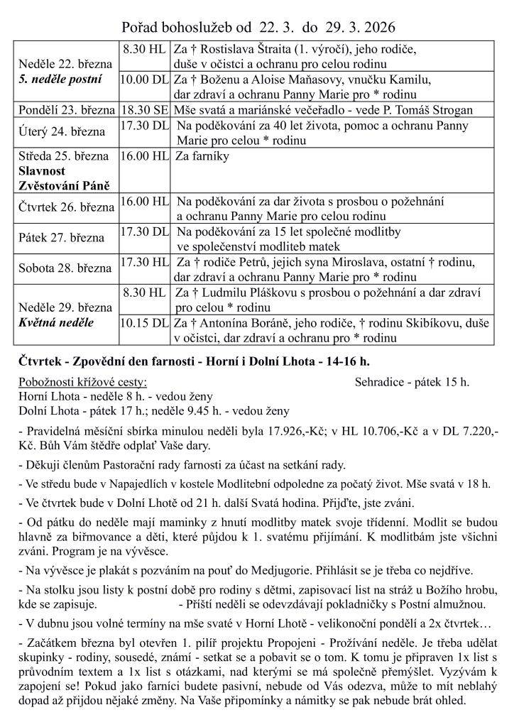 V týdnu od 22. do 29. března 2026 se uskuteční řada bohoslužeb a modlitebních akcí. V pondělí 23. března se koná mše svatá s mariánským večeřadlem. V průběhu týdne proběhnou i další mše a pobožnosti, včetně Zvěstování Páně a křížových cest, na které jsou farníci srdečně zváni.