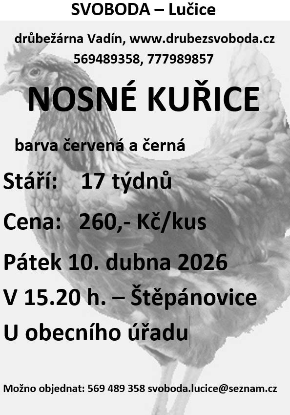 V pátek 10. dubna 2026 v 15.20 hodin u OÚ se budou prodávat:  nosné kuřice, stáří 17 týdnů, cena 260,- Kč/kus, barva červená-Isa brown a černá-Morávia     Objednání je možné na  tel. 569 489 358 nebo emailem svoboda.lucice@seznam.cz