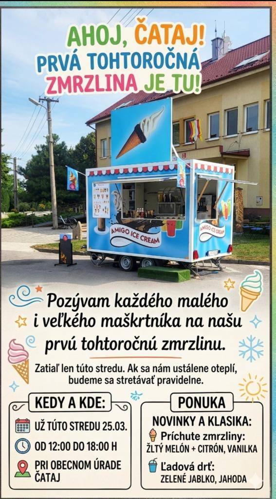 Pozývame všetkých maškrtníkov na prvú tohtoročnú zmrzlinu, ktorá sa uskutoční túto stredu. Ak sa počasie ustáli, budeme sa stretávať pravidelne.