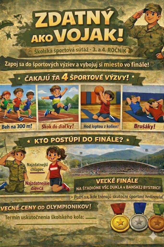 Vážení učitelia telesnej výchovy, starostovia, prednostovia, primátori,  dovoľujeme si Vás informovať o projekte „Zdatný ako vojak“ ktorý je pre žiakov   3.-4.ročníkov ZŠ.  Cieľom projektu je:  podporiť zdatnosť,  súťaživosť, zdravý životný štýl a vzťah detí k športu, ako aj predstaviť VŠC Duklu ako