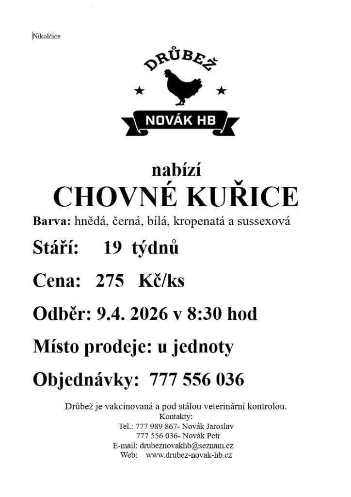 ve čtvrtek 9.4.   v 8:30 hod.  u Jednoty