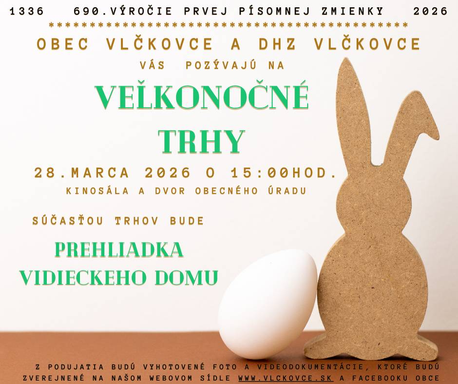 Príďte si vychutnať veľkonočnú atmosféru, podporiť šikovných výrobcov a podporiť snahu našich dobrovoľníkov v DHZ, ktorí určite pripravia niečo chutné na zahryznutie.  Už túto sobotu 28.3.2026 od 15:00 hod. Zároveň môžete navštíviť Vidiecky dom, kde na deti čaká milé prekvapenie.