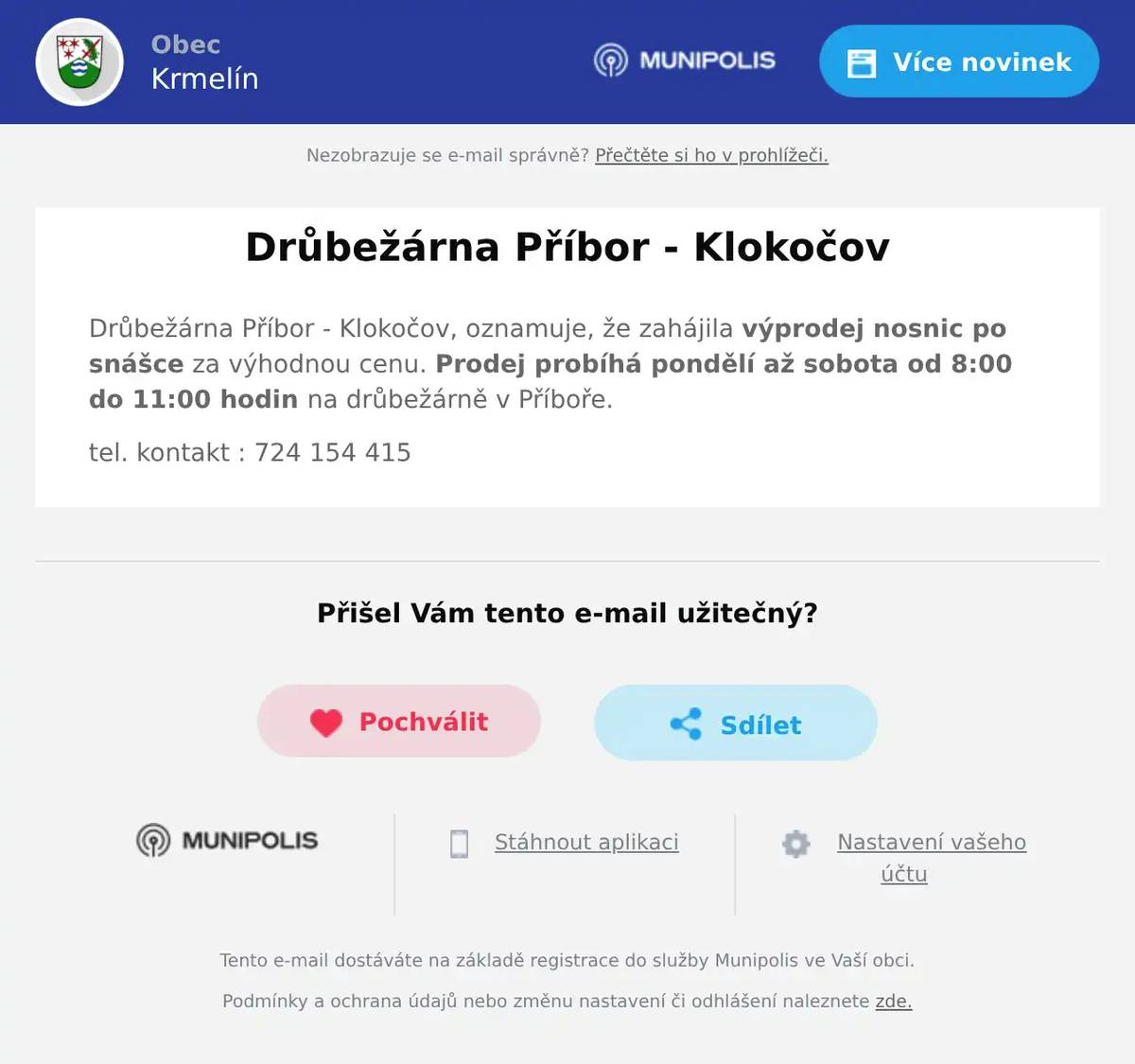 Drůbežárna Příbor - Klokočov, oznamuje, že zahájila výprodej nosnic po snášce za výhodnou cenu. Prodej probíhá pondělí až sobota od 8:00 do 11:00 hodin na drůbežárně v Příboře. tel. kontakt : 724 154 415