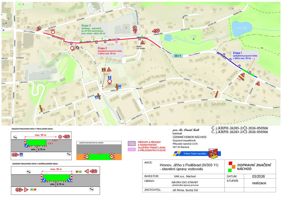 Dobrý den. Město Hronov informuje občany o plánovaném dopravním omezení. Termín: 1. 4. - 31. 7. 2026 Místo: Ulice Jiřího z Poděbrad (silnice III/303 11) Důvod omezení: Dopravní omezení je způsobeno realizací stavebních úprav vodovodu, rekonstrukcí chodníkových těles, dostavbou nového chodníkového tělesa a opravou živičného povrchu. Rozsah prací: Stavební činnost bude probíhat na vozovce silnice III/303 11 a na přilehlých chodnících. Upozornění pro občany: V průběhu realizace stavby dojde k: * omezení silničního provozu * možnému zůžení komunikace či částečné uzavírce * dočasnému omezení pohybu chodců. Dbejte zvýšené opatrnosti při průchodu a průjezdu danou lokalitou. Městsky úřad Hronov, Obecní úřad Žďárky