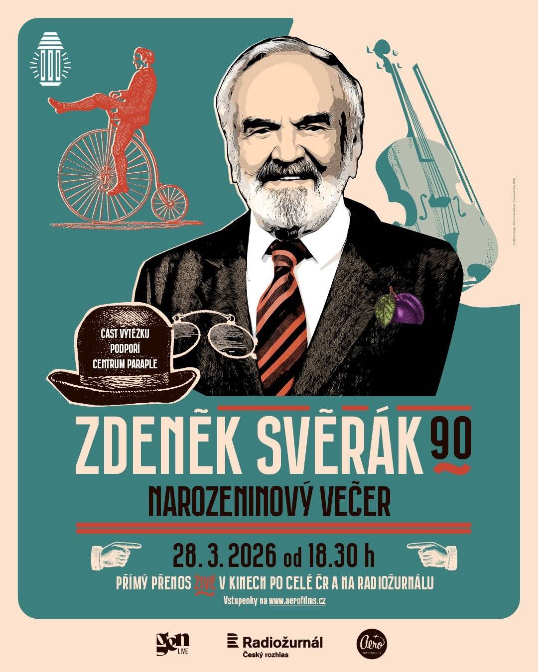 Výjimečný večer věnovaný jedné z největších osobností české kultury můžete zažít i u nás v kině – prostřednictvím přímého přenosu ze Žižkovského divadla Járy Cimrmana.  Čeká vás návrat k legendární Nealkoholické vinárně U Pavouka, setkání s řadou známých hostů i večer plný humoru, vzpomínek a hudby. Součástí akce je také dobročinný rozměr  – část výtěžku podpoří Centrum Paraple. Na místě si můžete koupit Cimrmanovu bylinnou. V prodeji bude jen pár kousků, tak neváhejte. Platba likéru je v hotovosti.    Přijďte v sobotu 28. 3. 2026 v 18:30 společně oslavit 90 let výjimečné osobnosti české kultury. Vstupenky koupíte na webu kina Orion nebo na pokladně kina Orion.