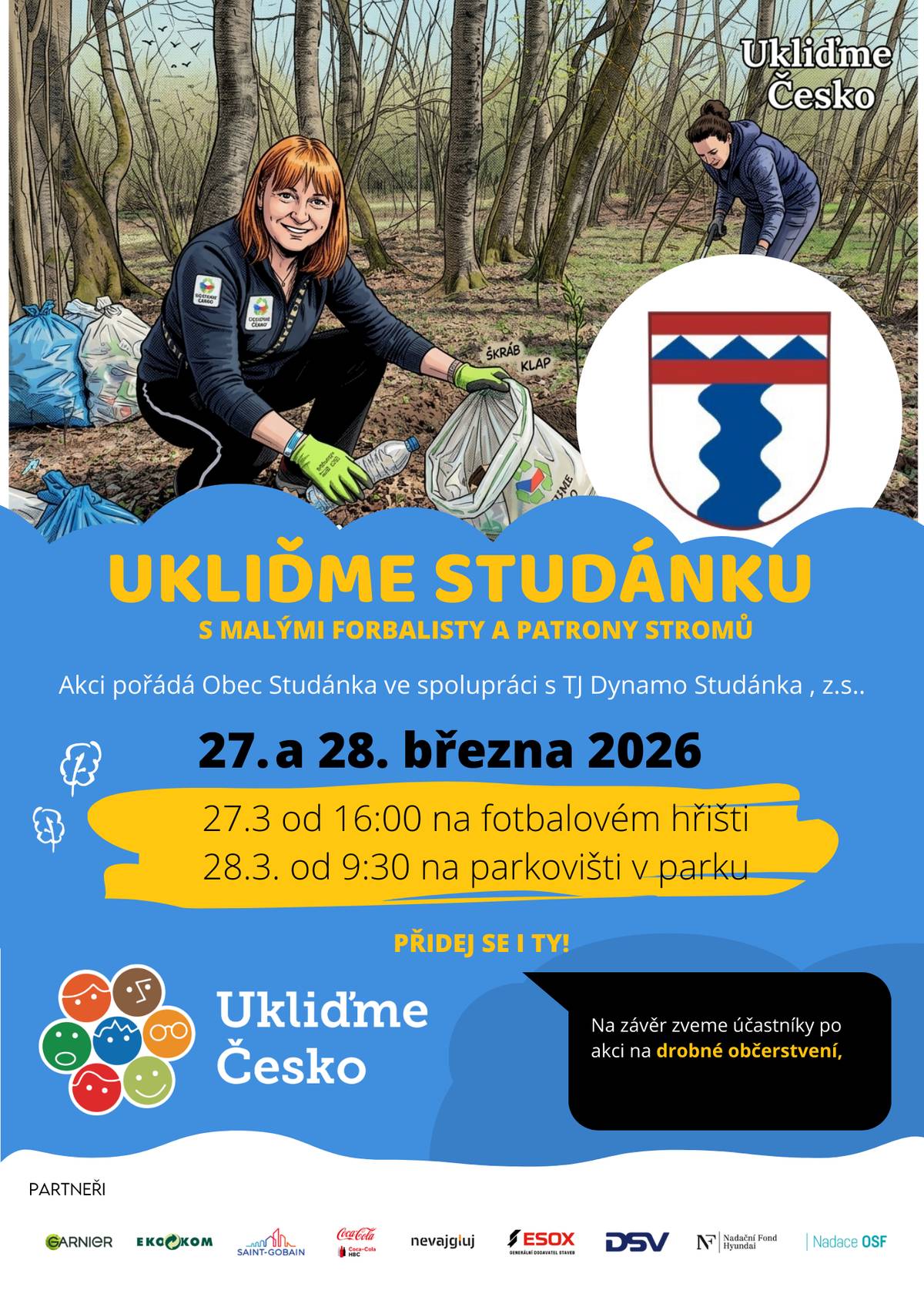 Obec Studánka pořádá akci Ukliďme Studánku s malými fotbalisty a patrony stromů: úklidy proběhnou v PÁ, 27.3. od 16 h, sraz na fotbalovém hřišti a v SO, 28.3. od 9:30h, sraz na parkovišti pod fotbalovým hřištěm. Rukavice pro děti a pytle na odpad budou k dispozici.