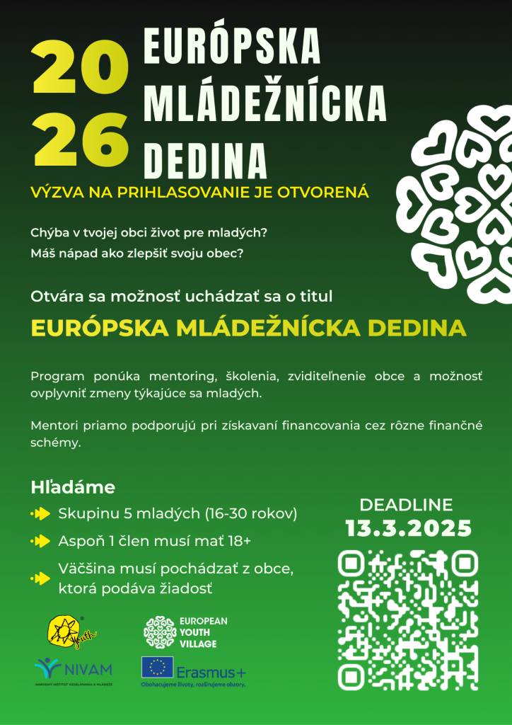 Zapojte sa do programu Európska mládežnícka dedina - alebo dajte vedieť ostatným - uzávierka 25. marec 2026.