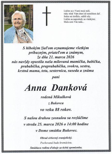 Smútočné oznámenie - Anna Danková, rod. Mikulková