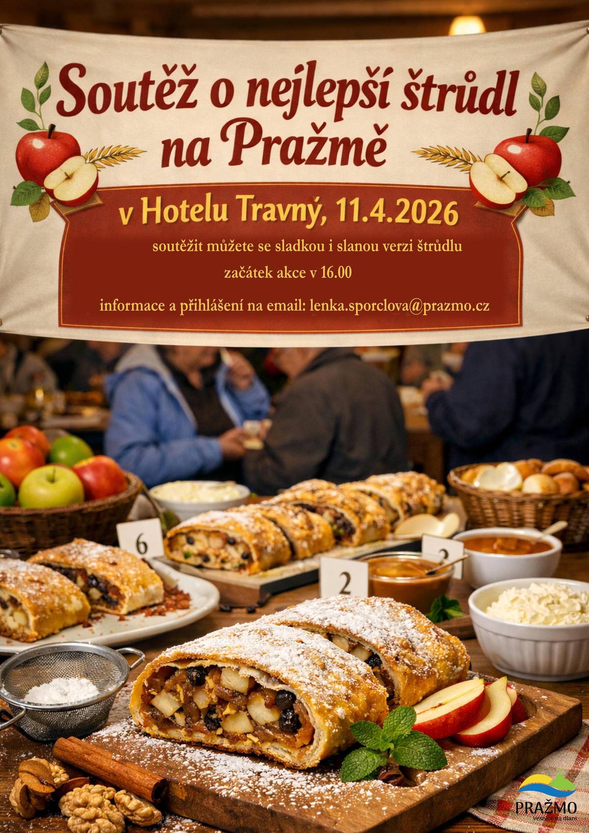 Vůně štrúdlů a domácí pohody se ponese Pražmem! Přijďte v sobotu **11. dubna 2026 od 16.00 do Hotelu Travný** a zapojte se do sladkého i slaného klání o ten nejlepší štrúdl široko daleko Soutěžit můžete se: • sladkou verzi štrúdlu • slanou verzi štrúdlu A pokud zrovna nepečete, přijďte ochutnávat, fandit a užít si příjemné odpoledne plné dobré nálady a domácích dobrot. Přihlášení a informace: lenka.sporclova@prazmo.cz Těšíme se na všechny pekaře, pekařky i milovníky štrúdlu! Pražmo bude vonět domovem