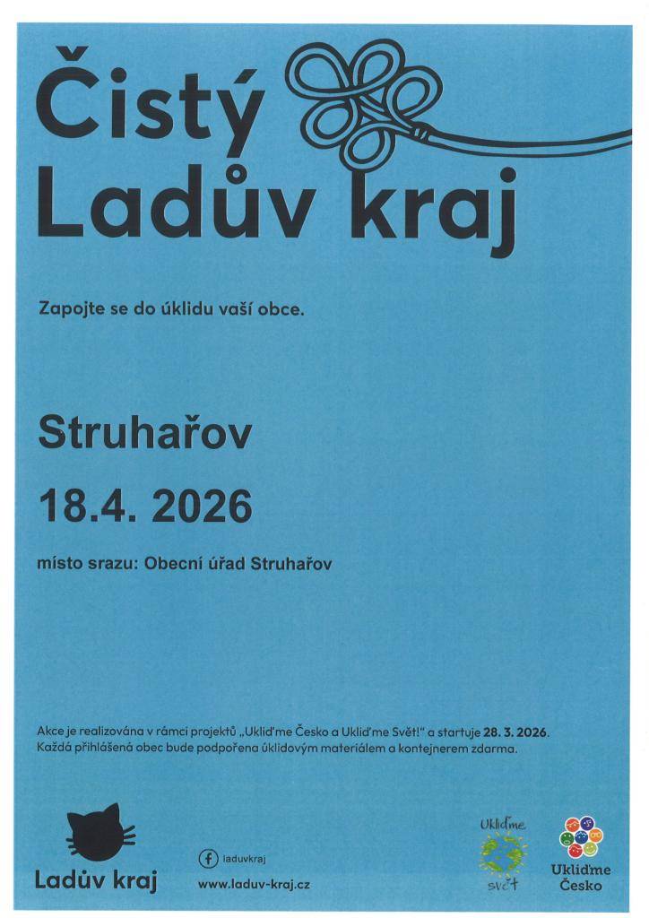 Srdečně vás zveme na Jarní úklid Struhařova!  Přijďte na krásnou sobotní procházku, vyzvedněte si na úřadě rukavice a pytle a pomozte nám uklidit naší obec.