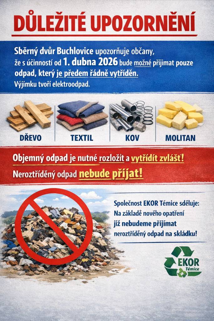 Sběrný dvůr Buchlovice a Ekor Těmice upozorňuje u odevzdávání objemného odpadu, například u sedaček, je nutné jednotlivé materiály rozebrat a oddělit (dřevo, textilní části, kovové prvky, molitan apod.). Každá složka musí být předána samostatně. V případě neroztříděného odpadu nebude převzetí možné.