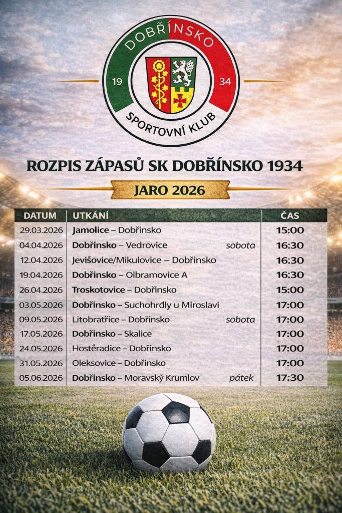 Termíny fotbalových zápasů jaro 2026 - SK Dobřínsko 1934