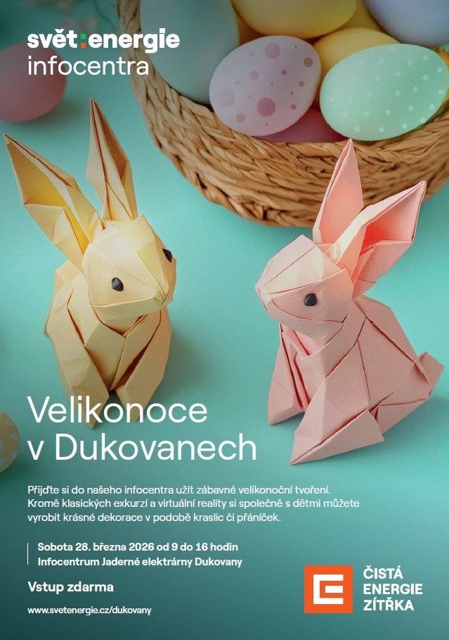 Infocentrum JE Dukovany srdečně zve na zábavné velikonoční tvoření. Kromě klasických exkurzí a virtuální reality v sobou 28. března čeká návštěvníky všech věkových kategorií také výroba dekorace v podobě kraslic nebo přáníček. Více najdete v pozvánce v příloze nebo na http://www.svetenergie.cz/dukovany