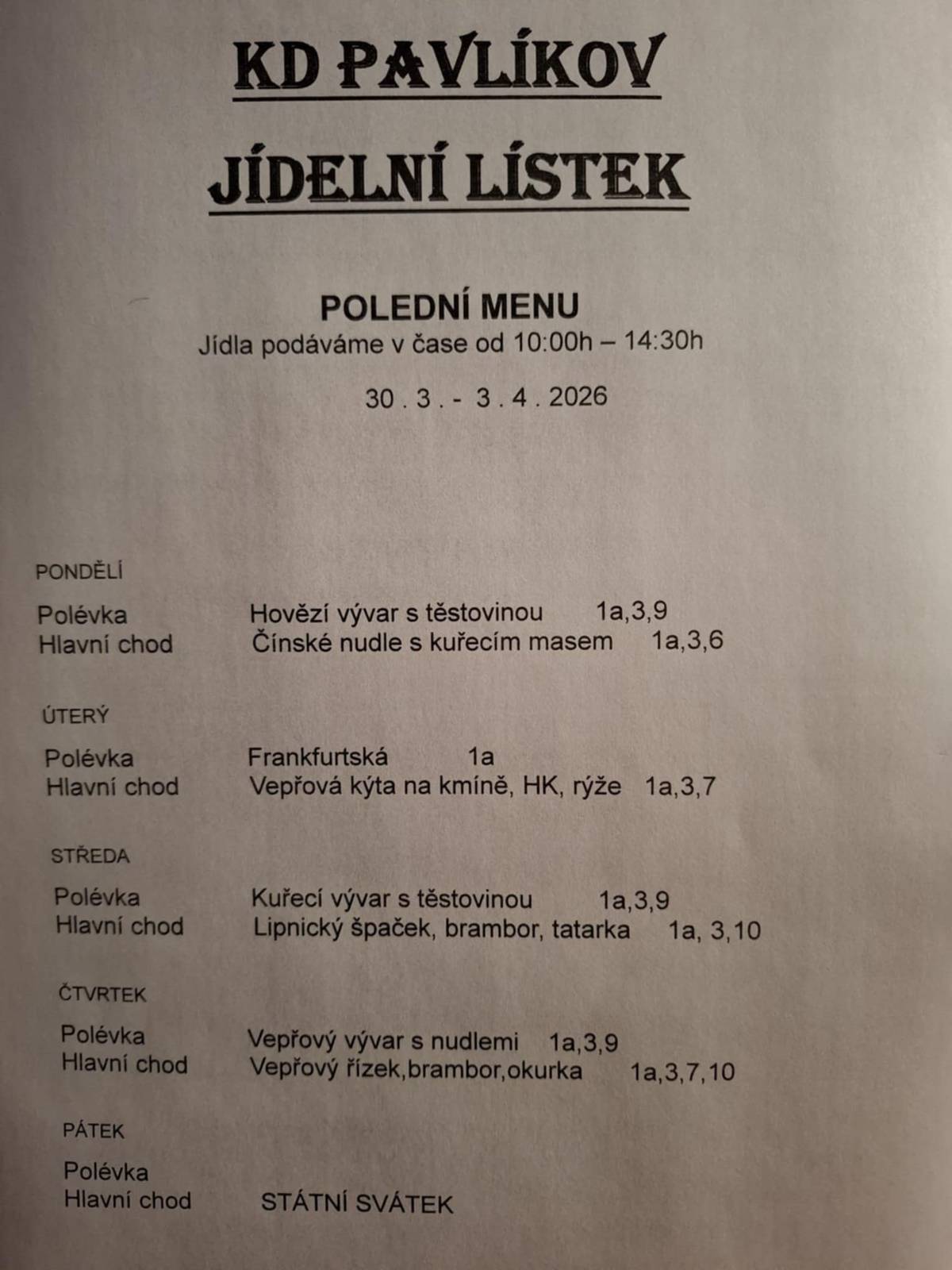 Jídelní lístek KD Pavlíkov od 30.3. do 3.4.2026