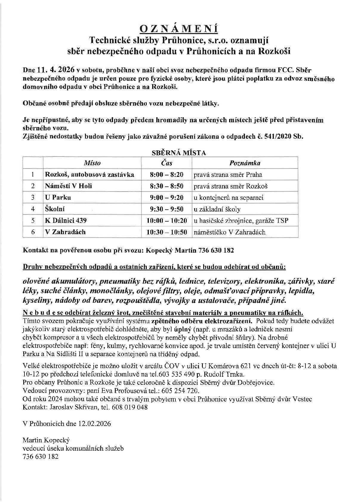 V sobotu 11.4. 2026 proběhne v Průhonicích a na Rozkoši sběr nebezpečného odpadu.