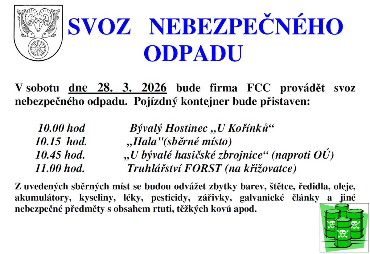 V sobotu dne 28. 3. 2026 bude firma FCC provádět svoz  nebezpečného odpadu.