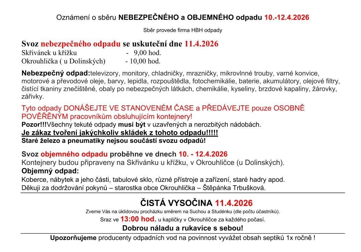 Oznámení o sběru NEBEZPEČNÉHO a OBJEMNÉHO odpadu 10.-12.4.2026.