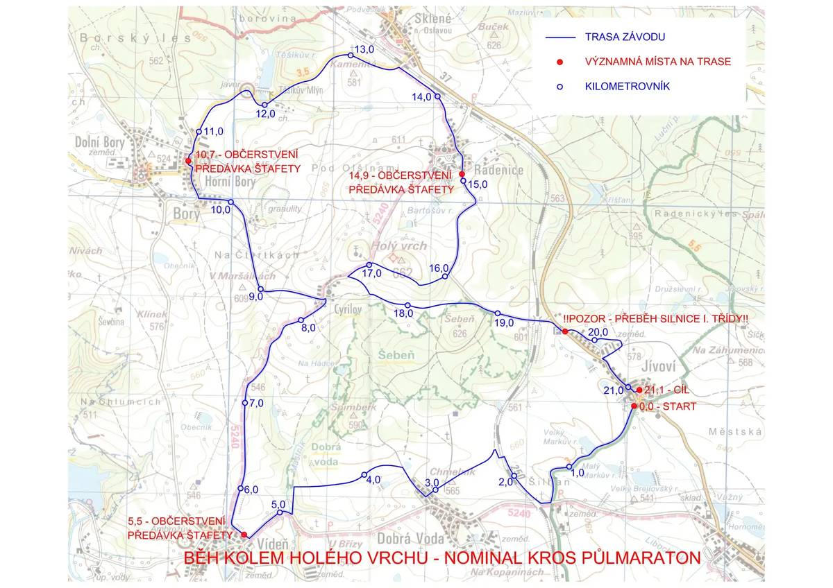 Tuto sobotu 28. března 2026 se uskuteční 8. ročník Běhu kolem Holého vrchu.   závod dětí začíná v 10:00 hodin závod dospělých startuje v 10:30 hodin  Trasa: Jívoví → Dobrá Voda → Vídeň → Cyrilov → Bory → Sklené nad Oslavou → Radenice → Holý vrch → Jívoví V pátek proběhne značení trati. Organizátoři prosí o zachování tohoto značení.