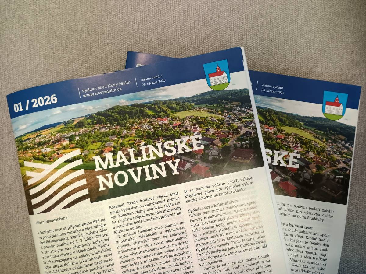První číslo Malínských novin letošního roku dnes začínáme distribuovat do vašich schránek. Kdo dává přednost elektronické verzi, může si Malínské noviny přečíst na našem webu https://novymalin.cz/malinske-noviny-1-2026