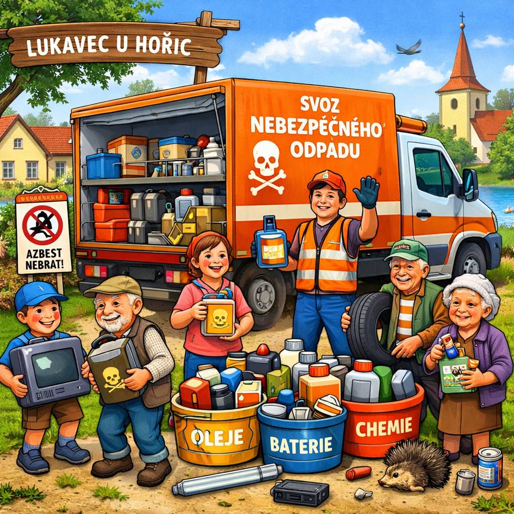 Upozorňujeme občany, že v sobotu 16. května 2026 od 9.40 do 9.55 hodin proběhne v Lukavci u hřiště u koupaliště svoz nebezpečných složek komunálního odpadu. Odevzdat je možné například baterie, zářivky, vyjeté oleje, obaly od barev a rozpouštědel nebo drobné elektrospotřebiče. Azbest nebude převzat a pneumatiky lze odevzdat maximálně 4 kusy na osobu, pouze osobní a bez disků.