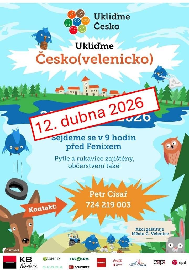 ⚠️ Důležité oznámení – změna termínu ⚠️ Omlouváme se za případné komplikace, ale z důvodu nepříznivého počasí dochází ke změně termínu akce Ukliďme Česko (Velenicko). 👉 Nový termín je 12. dubna 2026 Děkujeme za pochopení a těšíme se na vás! 😊