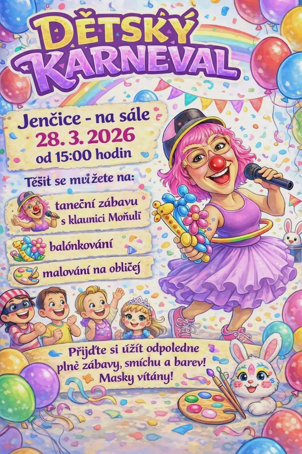ZO Jenčice zve všechny děti na dětský karneval,který se koná v sobotu 28.3. od 15 hodin na sále kulturního domu-klaunice Moňule,balonkování,tanec...