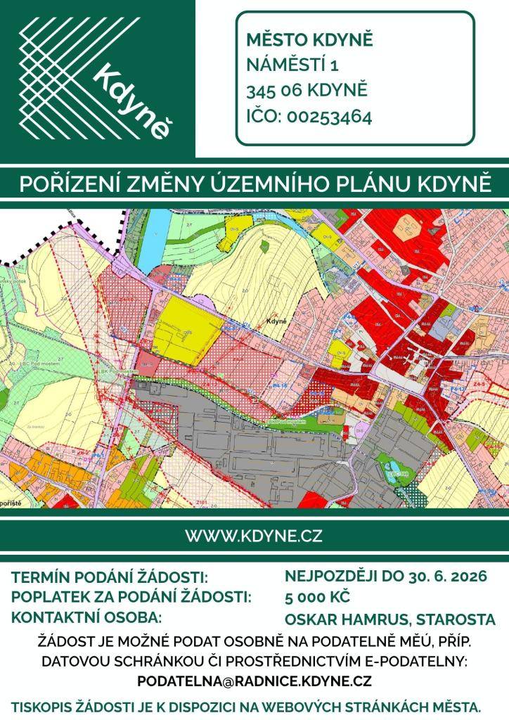 Na základě usnesení 17. zasedání Zastupitelstva města Kdyně bylo dne 23. 3. 2026 rozhodnuto o pořízení změny č. 1 územního plánu Kdyně.