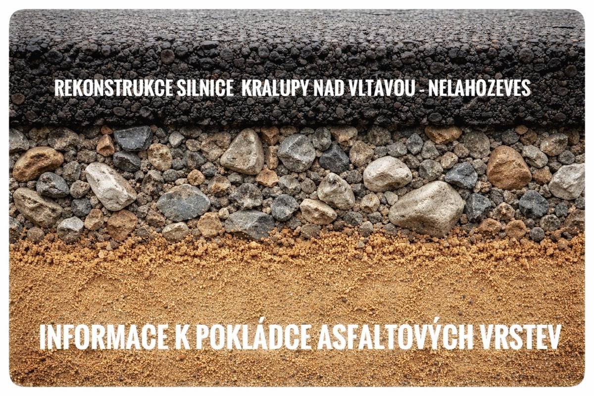Vážení občané,   v současné době probíhá akce Rekonstrukce silnice č. III/10149 Kralupy nad Vltavou – Nelahozeves v již dříve stanoveném termínu od 16. 3. do 17. 4. 2026. V návaznosti na harmonogram stavebních prací přinášíme podrobné informace k jednotlivým etapám pokládky asfaltových směsí a souvisejícím dopravním omezením. Po přeměření šířky komunikace v intravilánu města Kralupy nad Vltavou bylo nutné upravit postup pokládky asfaltových směsí z důvodu nedostatečné šířky komunikace. Harmonogram prací a omezení 31. 3. 2026 (od cca 16:30)     • Proběhne spojovací postřik.     • Do 16:30 je umožněn vjezd místním obyvatelům.     • Po tomto čase bude průjezd možný pouze na vlastní zodpovědnost (hrozí znečištění vozidla asfaltovou směsí – odstranění je obtížné).   1. 4. 2026 – pokládka podkladní vrstvy (intravilán města)     • Zahájení v 7:30 od křižovatky Dobrovského – Jeronýmovo náměstí směrem na Nelahozeves.     • Do 7:30 mohou místní obyvatelé vyjíždět.     • Po 7:30 nebude umožněn průjezd žádným vozidlům.     • Vjezd bude znovu umožněn cca od 15:00 do 17:00 (po uválcování a vychladnutí vrstvy), a to pouze ze směru od Kralup.     • Směr Nelahozeves zůstane neprůjezdný.     • Od cca 17:00 bude proveden spojovací postřik na podkladní vrstvě.   2. 4. 2026 – pokládka finální obrusné vrstvy (intravilán)     • Zahájení v 7:30 (stejný úsek jako předchozí den).     • Do 7:30 mohou místní vyjíždět.     • Po 7:30 nebude umožněn průjezd žádným vozidlům.     • Na finální vrstvu bude možné najet od rána 3. 4. 2026.   6. 4. 2026 (od cca 16:30)     • Spojovací postřik ve zbývajícím úseku extravilánu.   7. 4. 2026     • Pokládka podkladní vrstvy v extravilánu směrem na Nelahozeves.     • Od cca 17:00 proběhne spojovací postřik.   8. 4. 2026     • Pokládka finální obrusné vrstvy ve zbývajícím úseku extravilánu.   Žádáme místní obyvatele o trpělivost a respektování dopravního značení. Věříme, že počasí bude přát a všechny práce proběhnou dle plánu. Děkujeme za pochopení.