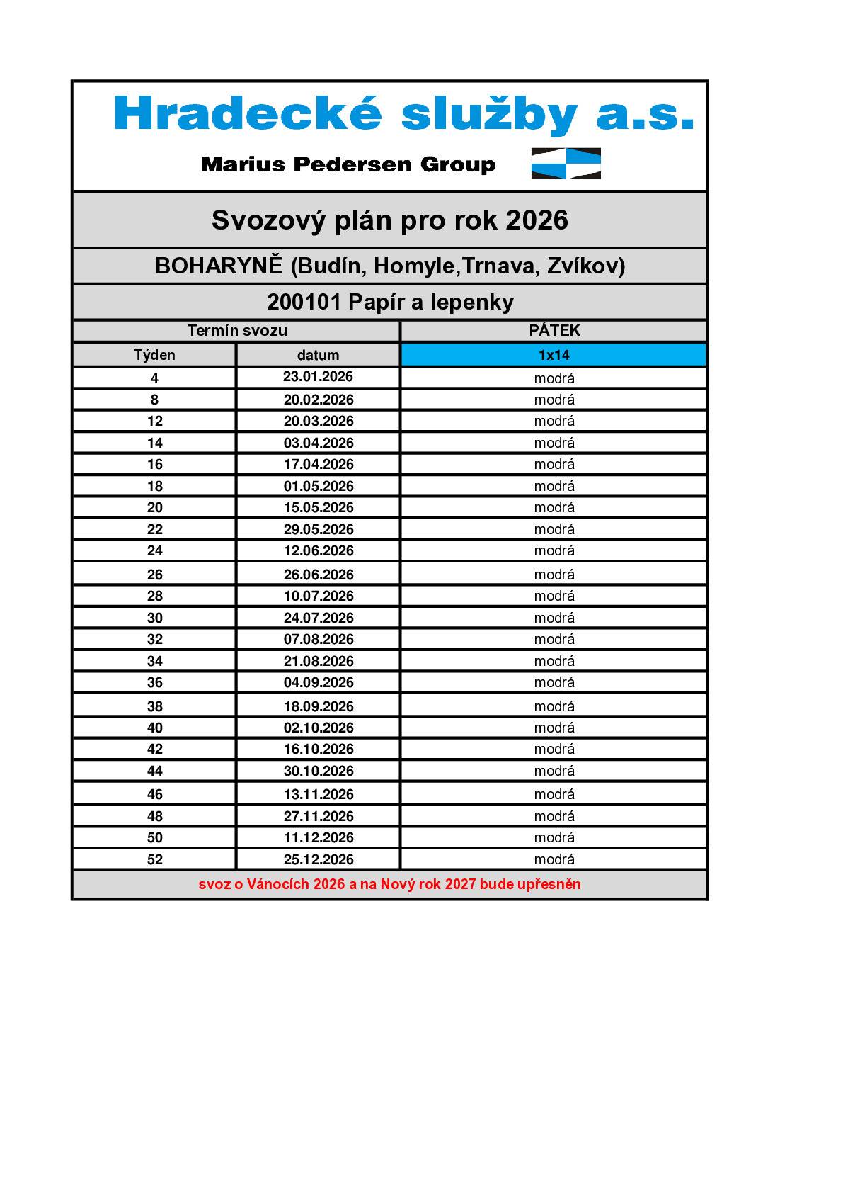 Od dubna 2026 dojde ke změně svozového plánu. Papír se nově bude vyvážet 1x za 14 dní.  Aktuální svozový plán naleznete v příloze.