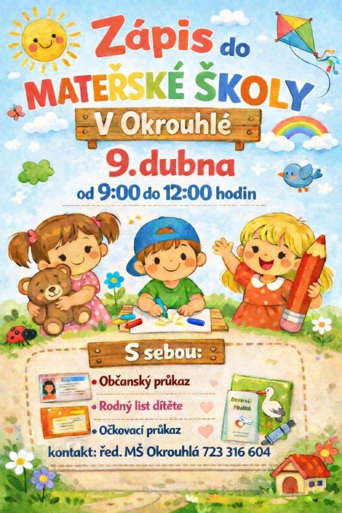 Zápis do mateřské školky v obci Okrouhlá se uskuteční 9. dubna 2026 od 9:00 do 12:00 hodin. Rodiče by měli mít s sebou občanský průkaz, rodný list dítěte a očkovací průkaz.