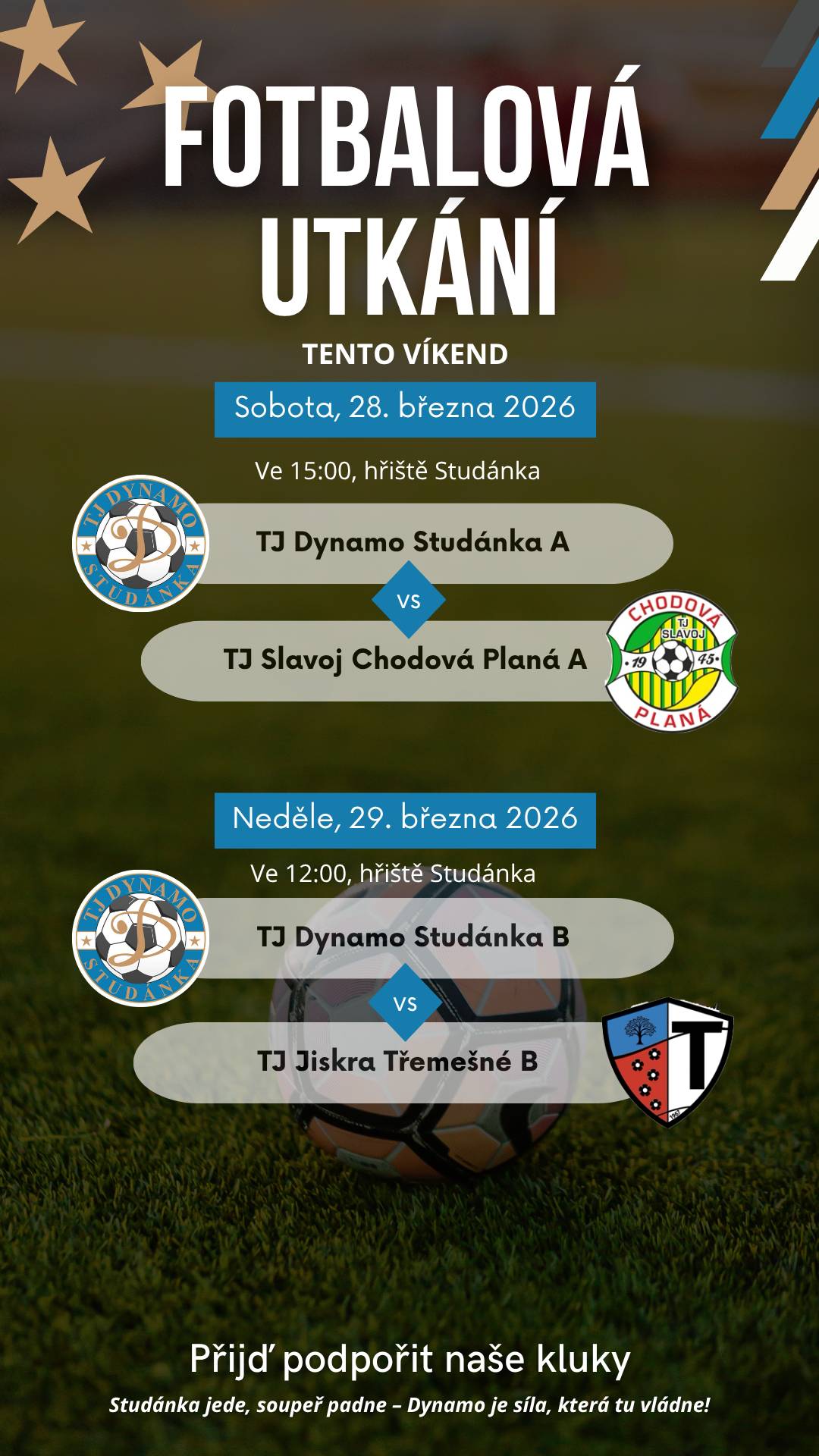 TJ Dynamo zve na zahájení jarní sezóny a první domácí zápasy. V SO, 28.3. od 15h muži A x TJ Slavoj Chodová Planá. V NE, 29.3. od 12h muži B x TJ Jiskra Třemešné.