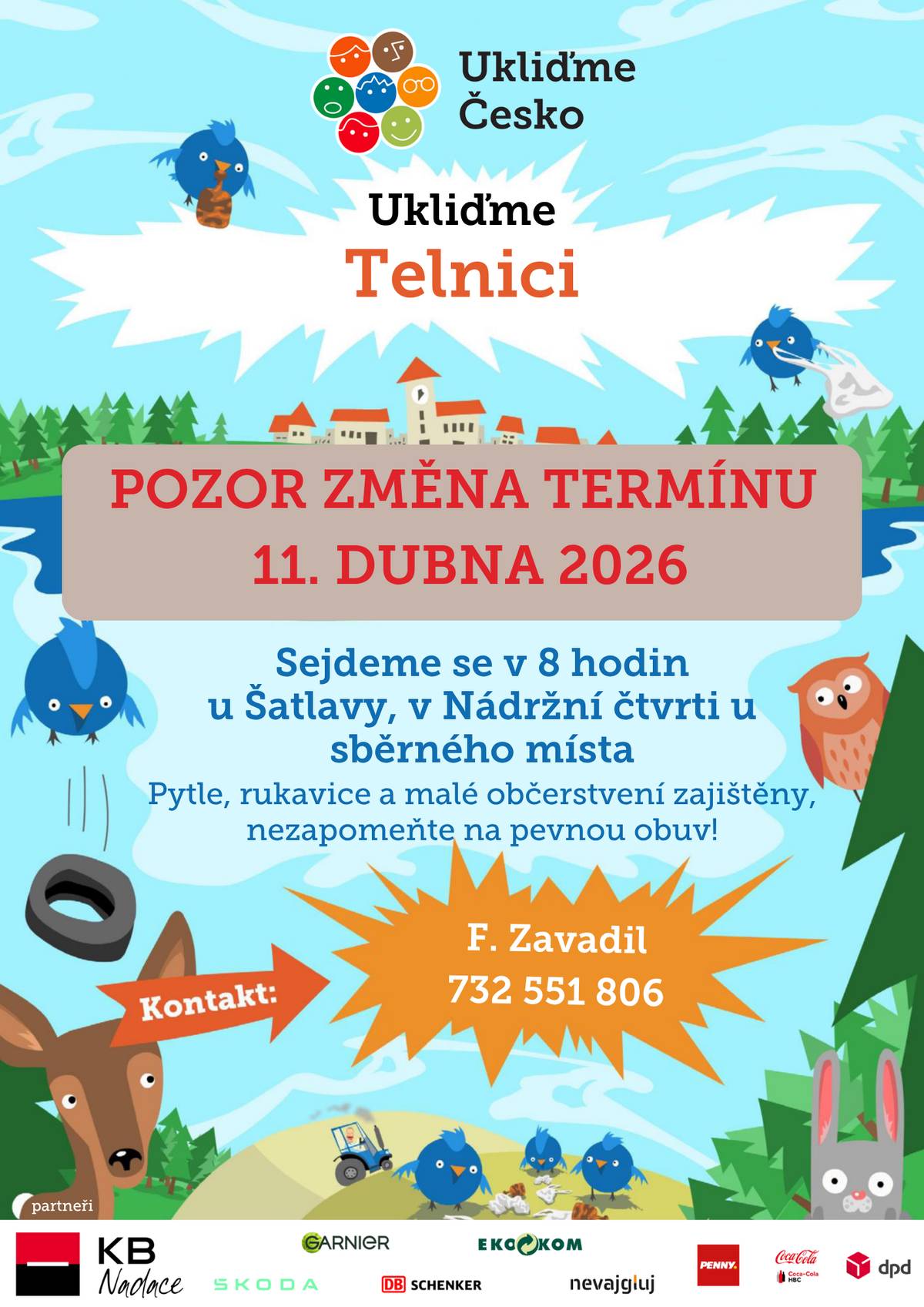 Z důvodu nepříznivého počasí bude zrušen úklid Telnice v sobotu 28. března. Akce se přesouvá na sobotu 11. dubna 2026. Sejdeme  se v 8:00 hodin u Šatlavy, další skupina v Nádražní čtvrti u sběrného místa. Pytle, rukavice a malé občerstvení zajištěny.