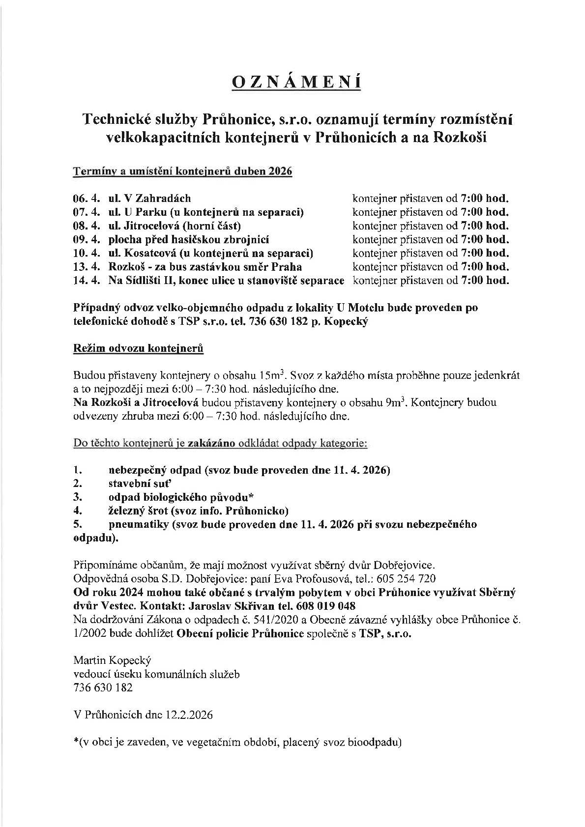 Oznamujeme umístění velkokapacitních kontejnerů pro měsíc duben.