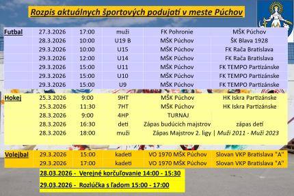 Šport   Dátum   Čas   Družstvo   Zápas       Futbal   27.3.2026   17:00 hod.   muži   FK POHRONIE Žiar nad Hronom Dolná Ždaňa vs. MŠK Púchov    ...