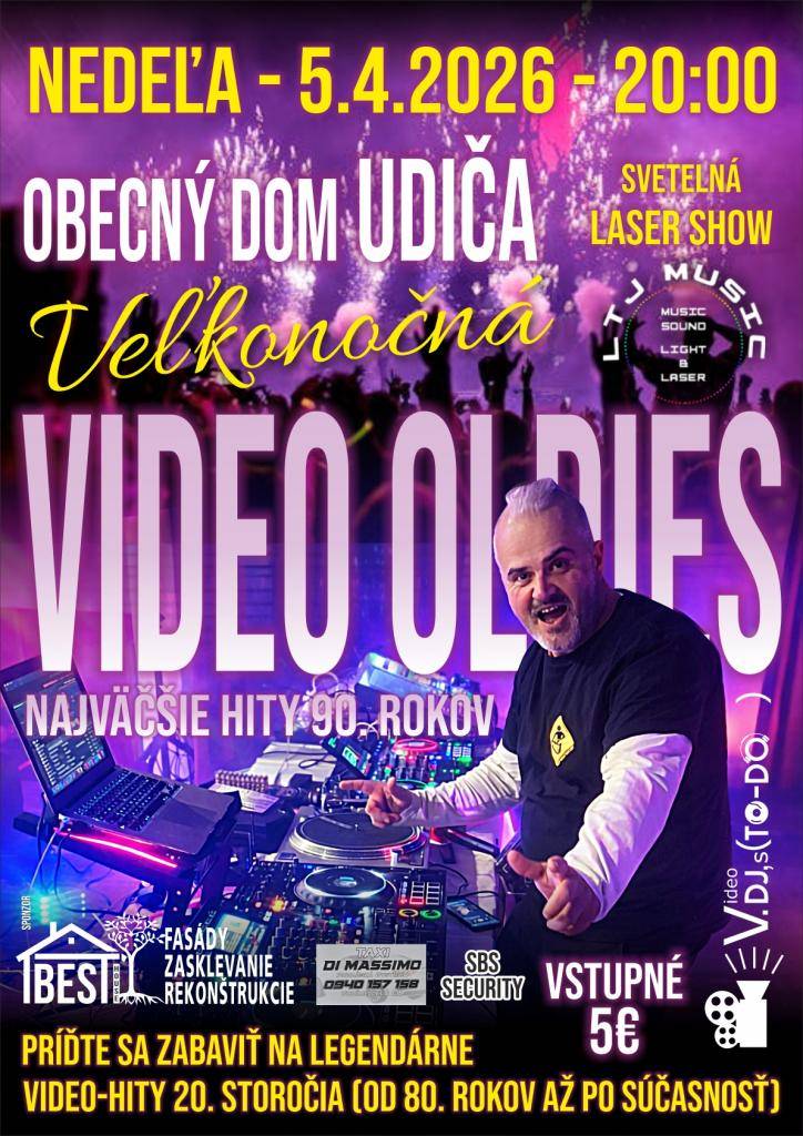 V obci Udiča sa v nedeľu 5. apríla 2026 uskutoční Veľkonočná video oldies zábava s legendárnymi hitmi 90. rokov. Párty sa začne o 20:00 hod. v Obecnom dome v Udiči, návštevníci sa môžu tešiť na videoprojekciu a svetelnú laser show.