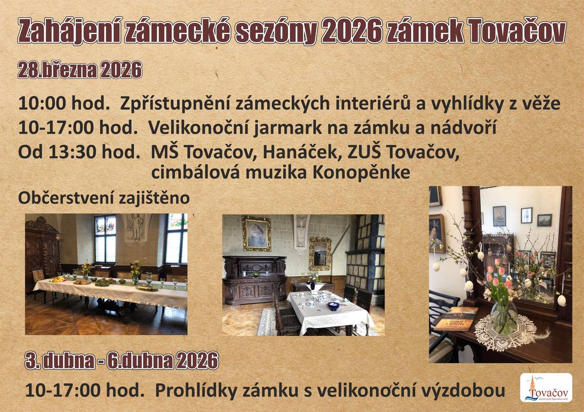 Zveme vás v sobotu 28.3. na zahájení zámecké sezóny 2026 s velikonočním jarmarkem na zámku a nádvoří, v době od 10h do 17h. Od 13.30h vystoupení MŠ Tovačov, Hanáček, ZUŠ Tovačov a cimbál.muzika Konopěnke.