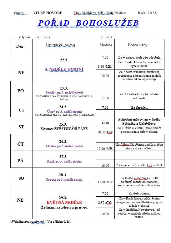 Pořad bohoslužeb pro farnost Velké Hoštice, Malé Hoštice a Chlebičov od 22. 3. do 29. 3. 2026