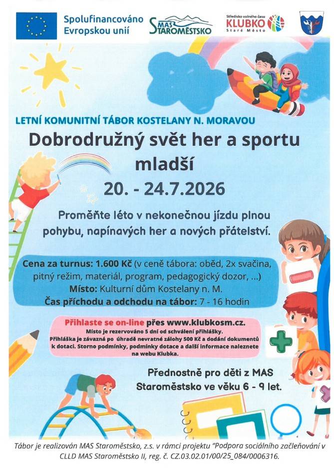Letní komunitní tábor Kostelany nad Moravou přináší dobrodružný svět her a sportu. Tábor je určen pro děti ve věku 6 až 9 let, které se mohou těšit na napínavé aktivity a možnost navázat nová přátelství. Podrobnosti o storno podmínkách a dotacích naleznete na webu.