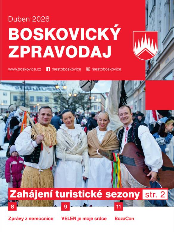 Vyšlo nové číslo Boskovického zpravodaje pro duben 2026. Elektronickou verzi zpravodaje si můžete přečíst online, tištěné vydání bude doručeno do vašich poštovních schránek. Ve zpravodaji se dozvíte informace o zahájení turistické sezony, přečtete si zprávy z rady i zastupitelstva města. Připravili jsme také rozhovor s Jiřinou Horákovou, která zavzpomínala na začátky tanečního souboru Velen, jenž letos slaví 75. výročí.