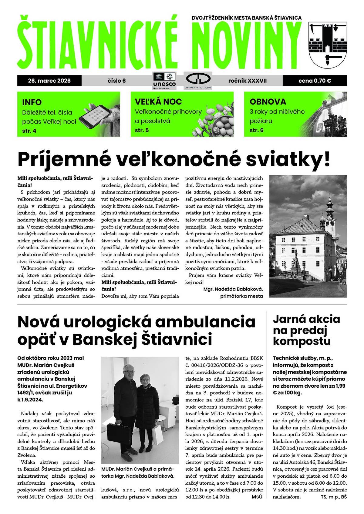 Čo si v ňom prečítate?     ➡️príhovory primátorky mesta a predstaviteľov kresťanskej cirkvi k sviatkom Veľkej noci, ➡️dôležité telefónne čísla počas veľkonočných sviatkov, ➡️výberové konanie na pozíciu vedúceho odd. zápisov práv k nehnuteľnostiam - hlavný radca - Okresný úrad BS, ➡️ako pokračujú rekonštrukcie objektov na Trojici tri roky po požiari, ➡️blížia sa zápisy detí do základných škôl - na čo sa treba pripraviť, ➡️Mestské lesy B. Štiavnica vyhlasujú 2. ročník Listového festivalu, ➡️čo ponúka kultúrno-turistické centrum Hájovňa, ➡️aktivity a úspechy našich škôl, ➡️úspechy našich športovcov, ➡️čo bude v kine, inzercia a ďalšie zaujímavé informácie zo života nášho mesta a okolia.