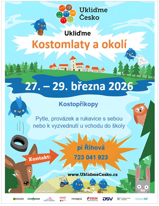 I v letošním roce se naše škola ve spolupráci s OÚ Kostomlaty nad Labem zapojí do celosvětové akce Ukliďme svět. Hlavním úklidovým dnem je sobota, 28.3., ale se sběrem odpadků můžete začít již v pátek, 27.3. odpoledne, a pokračovat i v neděli, 29.3.. Stačí si jen prostudovat Pravidla bezpečnosti akce, vyzvednout si u hlavního vchodu do ZŠ pytle s provázkem a rukavice, a pak vyrazit. Nasbíraný odpad odkládejte na vyznačená místa - viz přiložená mapka - nebo v sobotu dopoledne odneste na sběrný dvůr v Kostomlatech. Dodržujte pravidla bezpečnosti akce - dobrovolný úklid probíhá ve volném čase a je na vlastní bezpečnost.