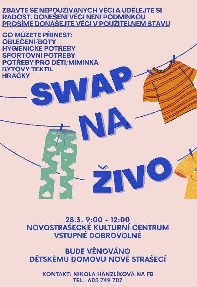 Zveme vás tuto sobotu do Novostrašeckého kulturního centra na SWAP na živo. Více informací na plakátu.