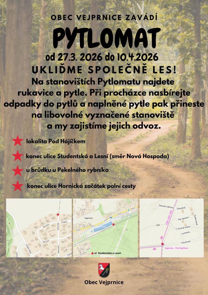 Naše obec i letos připravila oblíbenou akci „Ukliďme společně les“, která proběhne v termínu 27. 3. – 10. 4. 2026. Na čtyřech stanovištích v okolí obce budou k dispozici pytle a rukavice, takže se může zapojit opravdu každý – stačí vyrazit na procházku a přispět k čistšímu okolí.