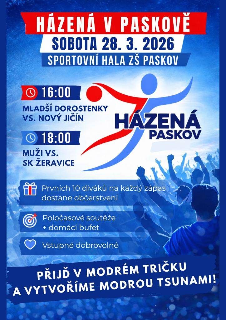 Házenkářky a házenkáři odehrají v sobotu 28. března 2026 ve sportovní hale ZŠ Paskov dvoukolo mistrovských utkání ve druhé lize.     V 16.00 hodin mladší dorostenky proti družstvu z Nového Jičína a v 18.00 hodin muži proti SK Žeravice    Přijďte v modrém tričku a vytvoříme modrou tsunami.