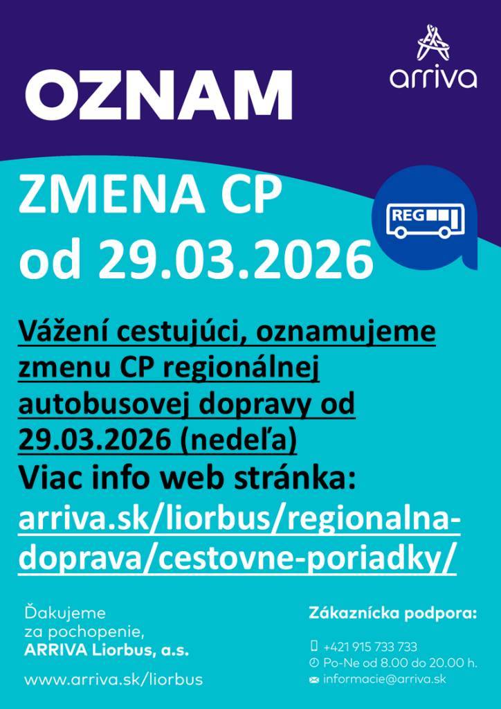 Oznamujeme občanom, že od 29.03.2026 dochádza k zmene CP regionálnej autobusovej dopravy.