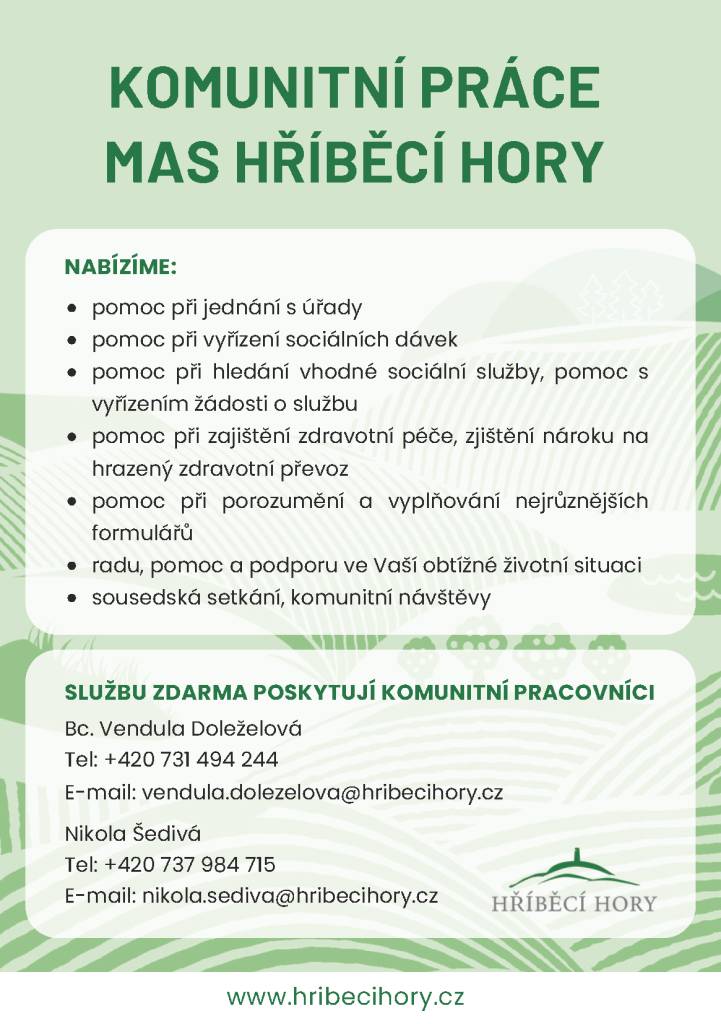 Komunitní pracovníci MAS HH Vám zdarma pomohou pomoct při jednání s úřady, při vyřízení soc. dávek, při hledání vhodné soc. služby a vyřízením žádosti o službu, při zajištění zdrav. péče a zjištění nároku na hrazený zdrav. převoz, při porozumění a vyplňování nejrůznějších formulářů, atd.