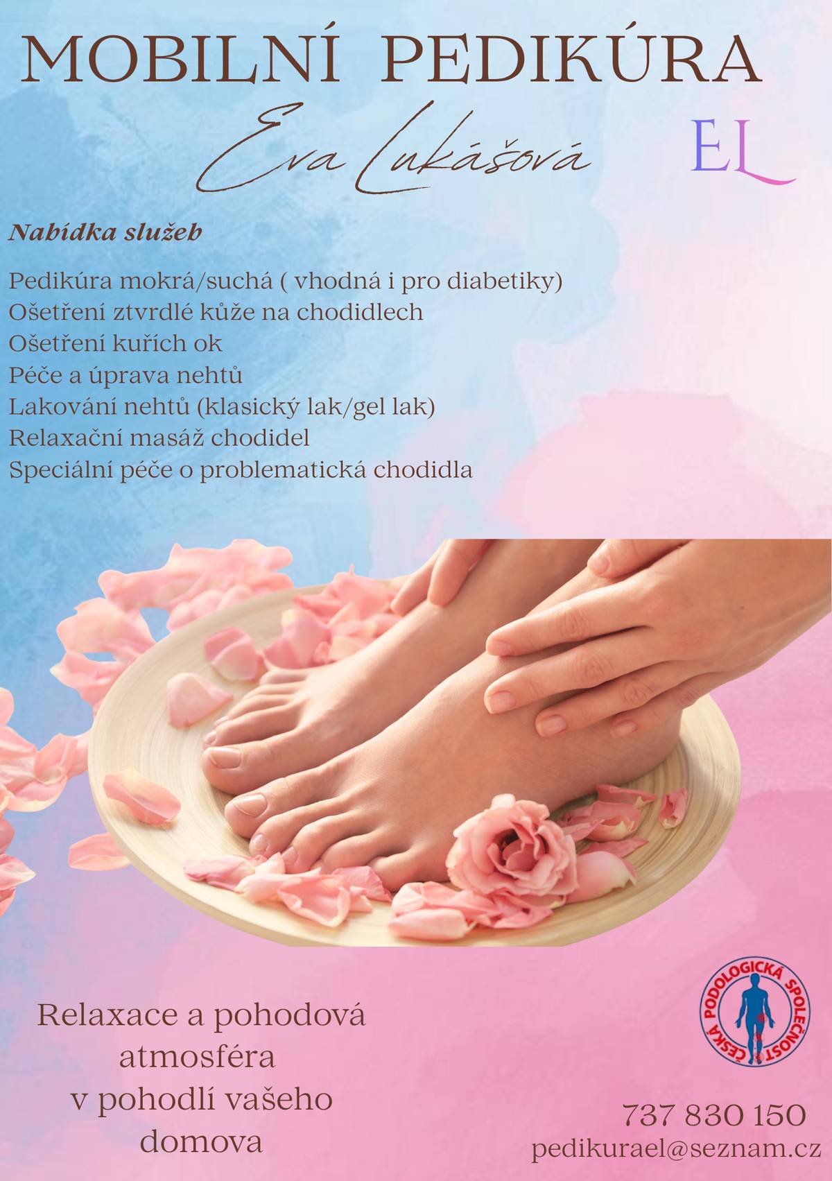 V přiloženém letáku naleznete nabídku služeb mobilní pedikúry paní Evy Lukášové, tel.: 737 830 150, e-mail pedikurael@seznam.cz.