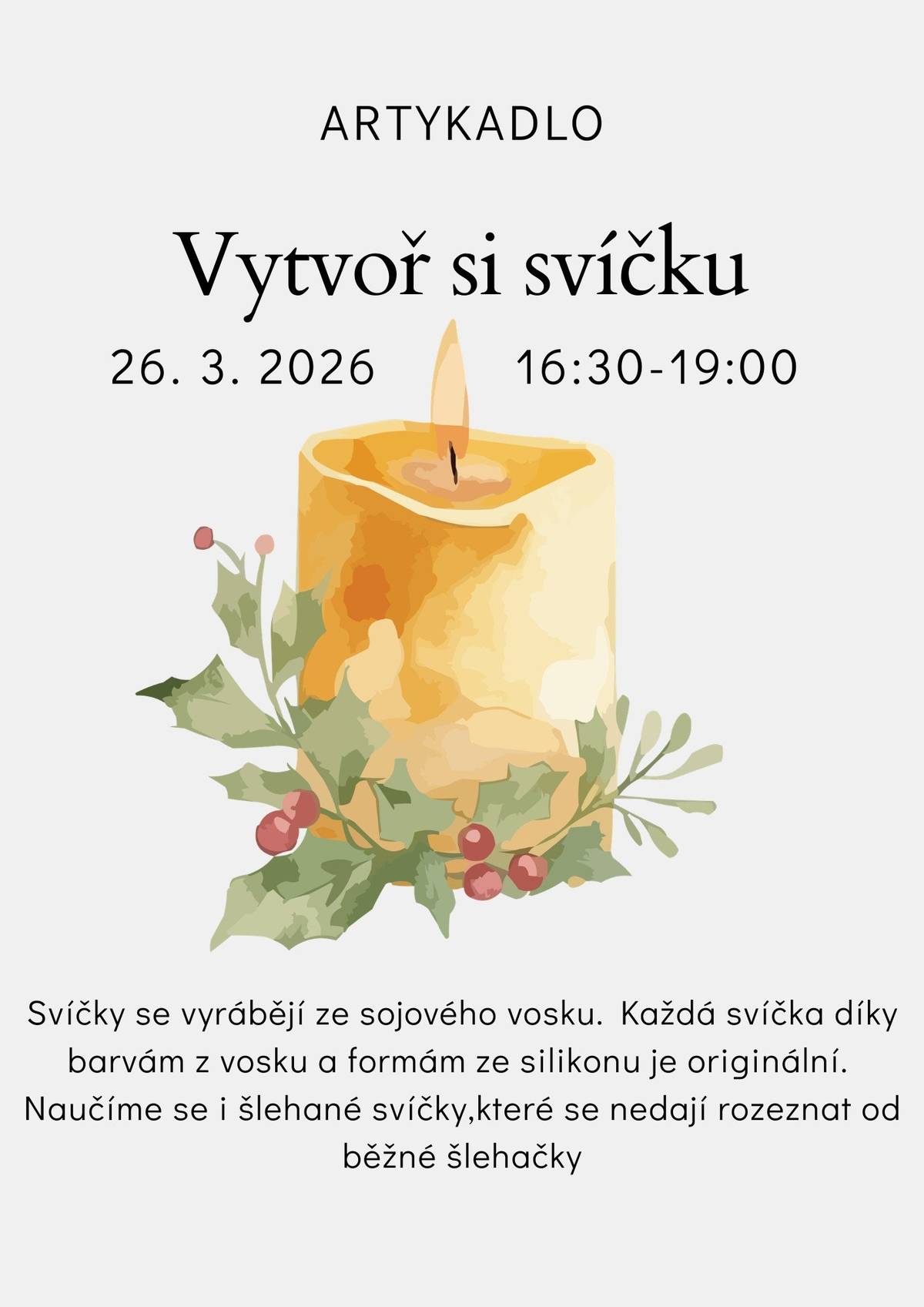 Vážení spoluobčané,   zasíláme vám přehled akcí, které nás v Holicích čekají do konce března:     26. března – Holice – Vytvoř si svíčku – Artykadlo 27. března – Holice – Poberta – Kulturní dům Holice 27. března – Holice – Komenčák slaví Velikonoce – ZŠ Komenského Holice 28. března – Holice – Aromalampa – Artykadlo 28. března – Holice – Drátkování – Artykadlo 28. března – Holice – Keramika – koule – Artykadlo 28. března – Holice – Ukliďme Česko u Hlubáčku – Lesní mateřská škola Hlubáček 28. března – Holice – U10, 2. liga mužů – BVK Holice z.s. 30. března – Holice – Eva! – Kulturní dům Holice 30. března – Holice – Zápis do MŠ – MŠ Holice Pardubická 30. března – Holice – Zápis do MŠ – Mateřská škola Staroholická Holice 31. března – Holice – Zápis do MŠ – MŠ Holice Pardubická 31. března – Holice – Zápis do MŠ – Mateřská škola Staroholická Holice 31. března – Holice – Knihohrátky – Městská knihovna Holice