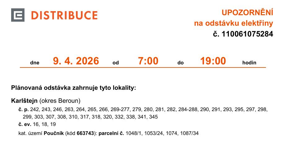 Odstávka dodávky elektřiny Karlštejn 9.4.2026